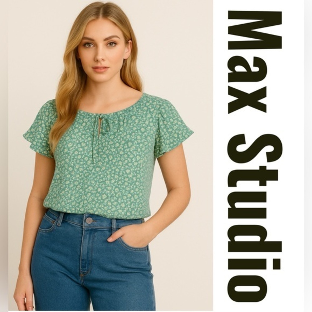 Max Studio Green Floral Ruffle Sleeve Peasant Blouse – Size Large